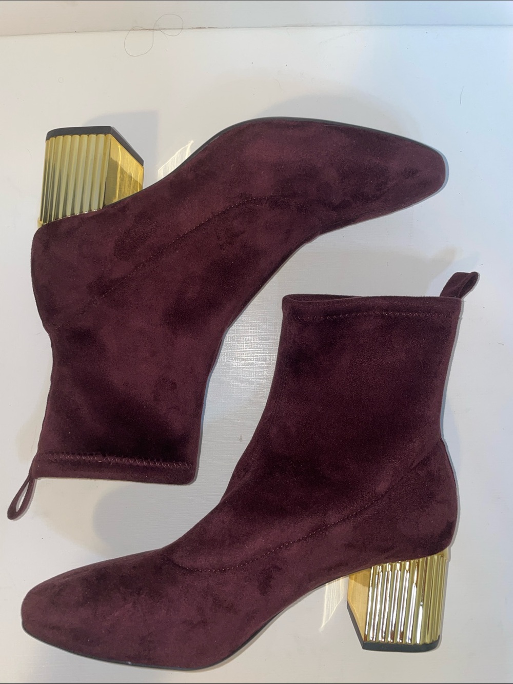 NWT Michael Kors Burgundy Suede Ankle Sock Boots with Gold Sculpted Heel - Sz 7